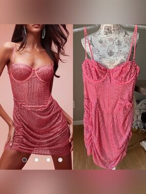 Oh Polly Azelie Embellished Draped Corset Mini Dress in Watermelon